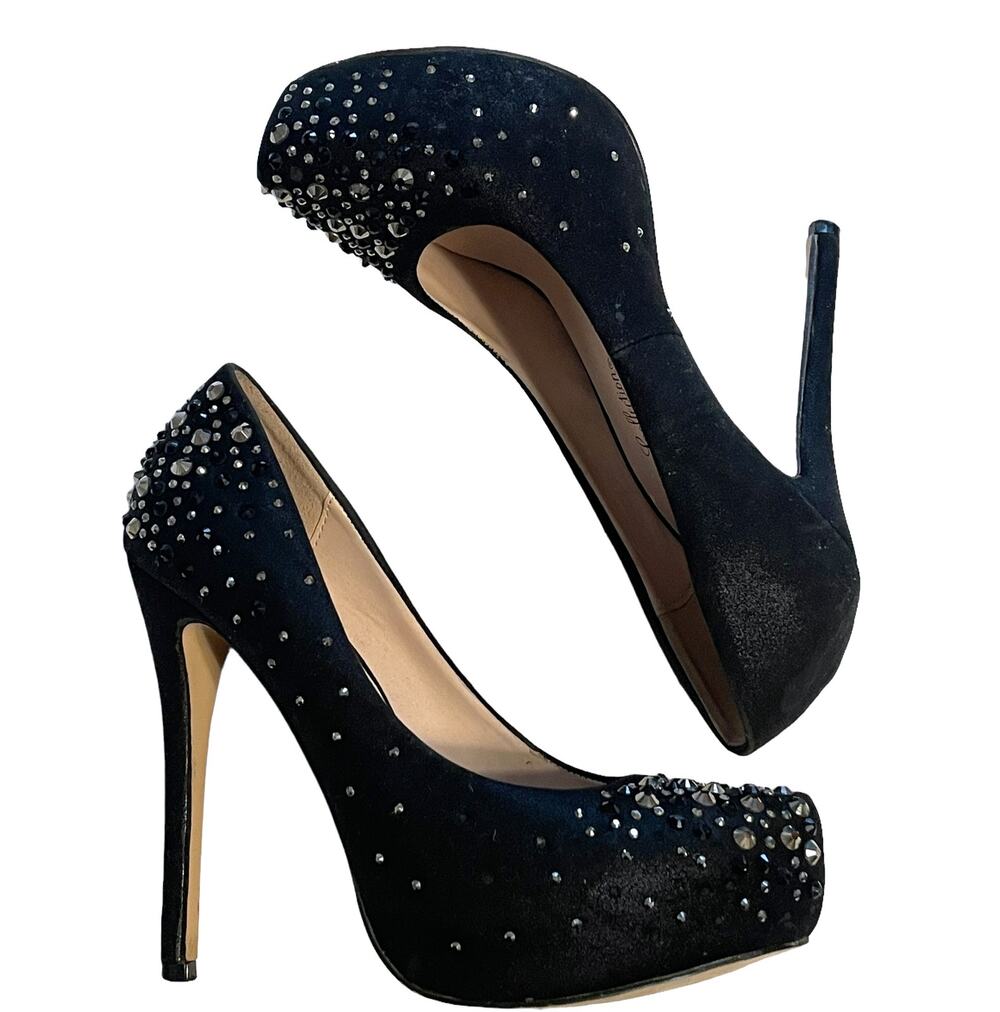 De Blossom Collection Vinci Black Satin Heels Womens 7.5 Rhinestones Platform